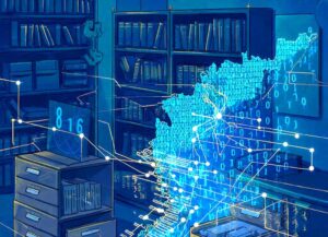 Книжные стеллажи, картотечные ящики и карта Владимирской области из светящихся точек и линий. Всё это в синих и голубых тонах.