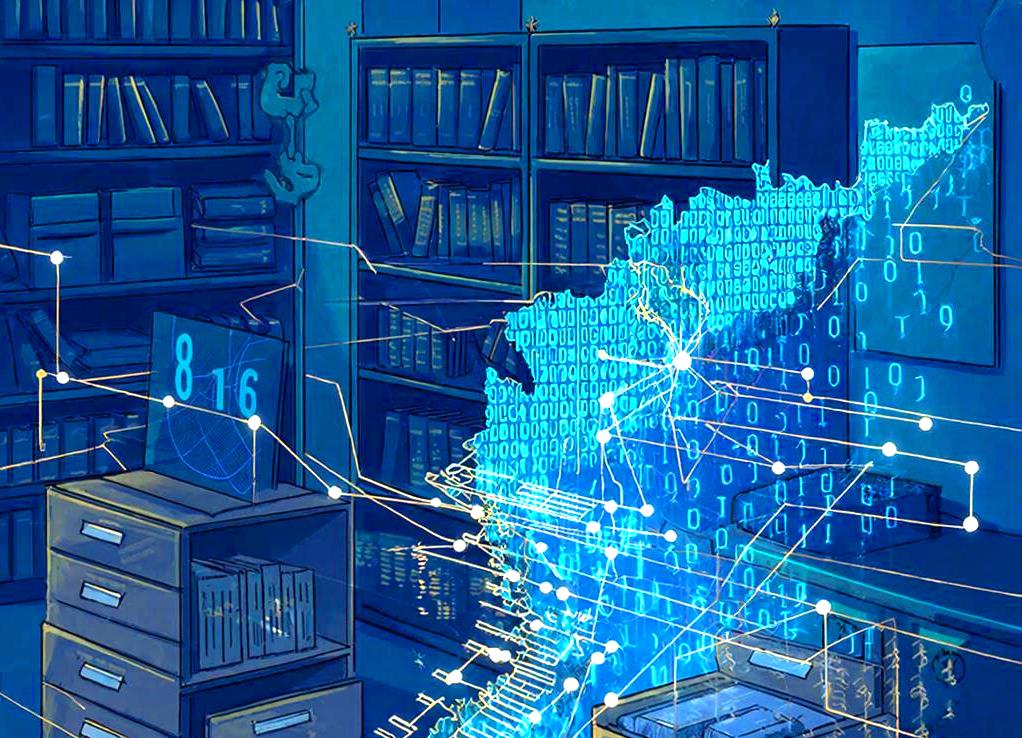 Книжные стеллажи, картотечные ящики и карта Владимирской области из светящихся точек и линий. Всё это в синих и голубых тонах.